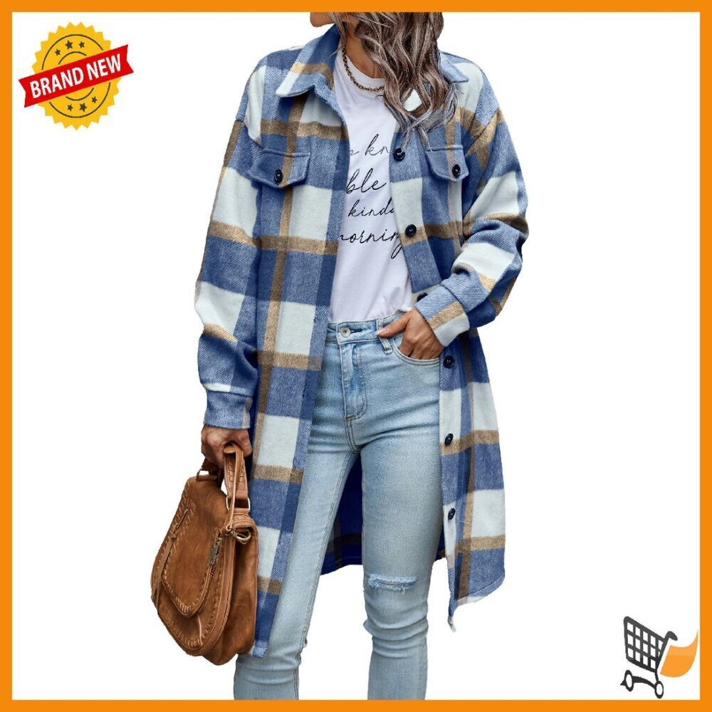 Wool Blend Plaid Shacket Jacket Button Up Flannel Shirt Winter Coat